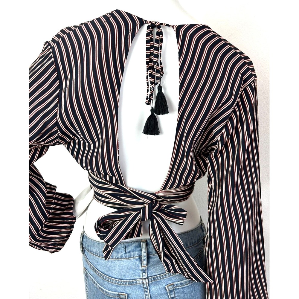 Faithfull The Brand Open Back Tassel Stripe Wrap Crop Top USA 4 Small Plunge EUC